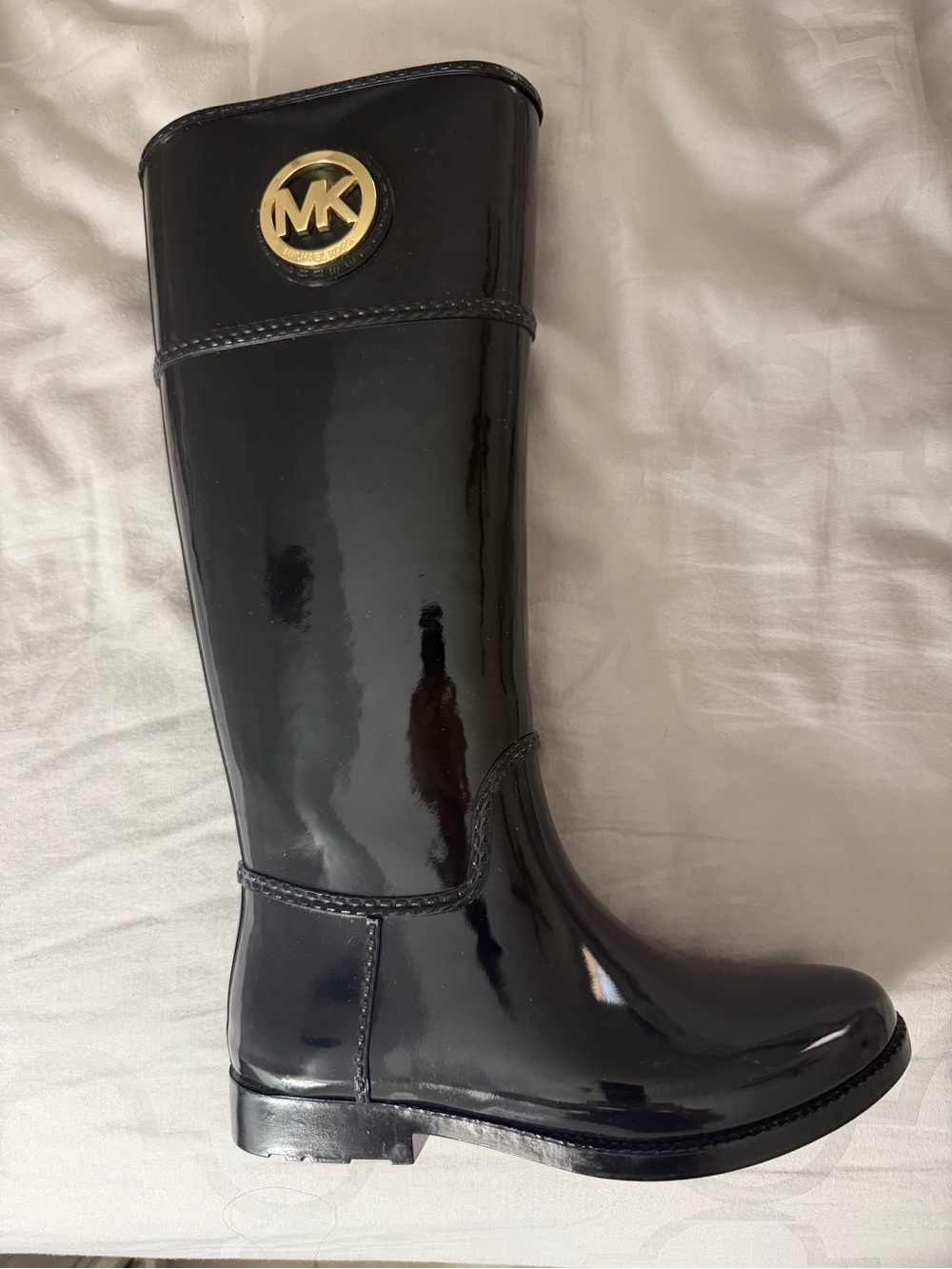 Michael Kors Black Patent Tall Rain Boots with Gold MK Medallion - Picture 3 of 4